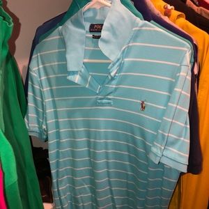 RL smooth pima light turquoise polo white stripes